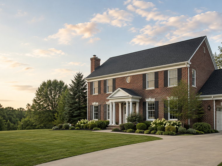 Brick colonial home with a new charcoal shingle roof and white portico, photographed at sunset