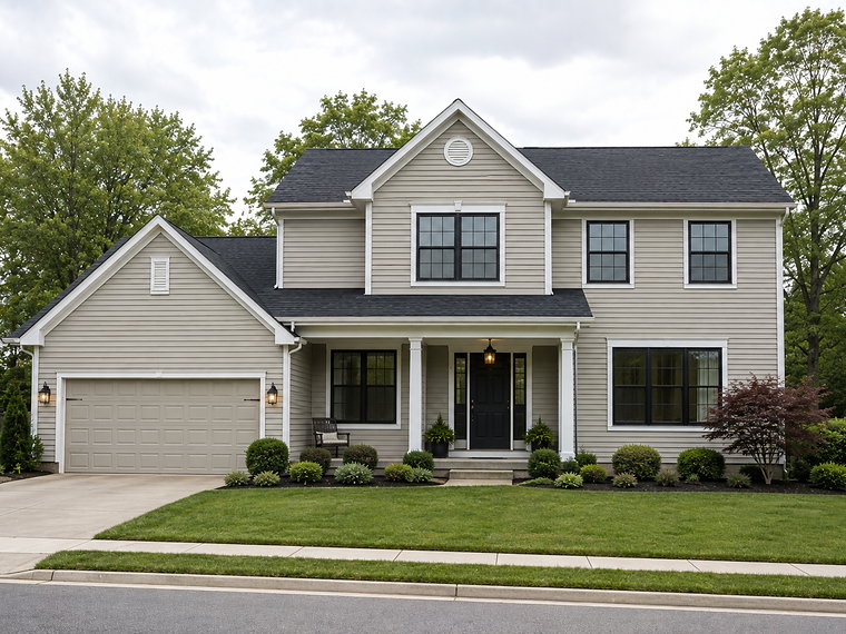 Two-storey home with new tan siding, white trim and a completed roof replacement, seen from the street