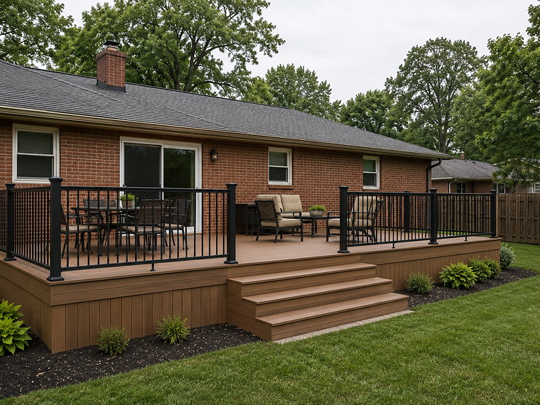 Composite deck with black aluminium railing and steps to the lawn behind a brick ranch home