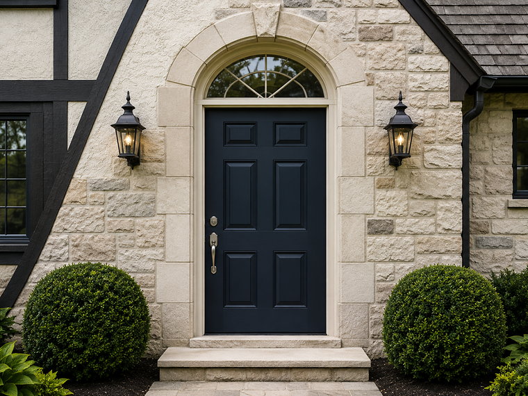 Navy blue entry door with an arched stone surround and carriage lanterns on a stone facade