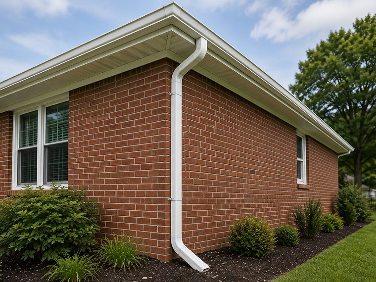 New white seamless gutter and downspout running down the corner of a brick home