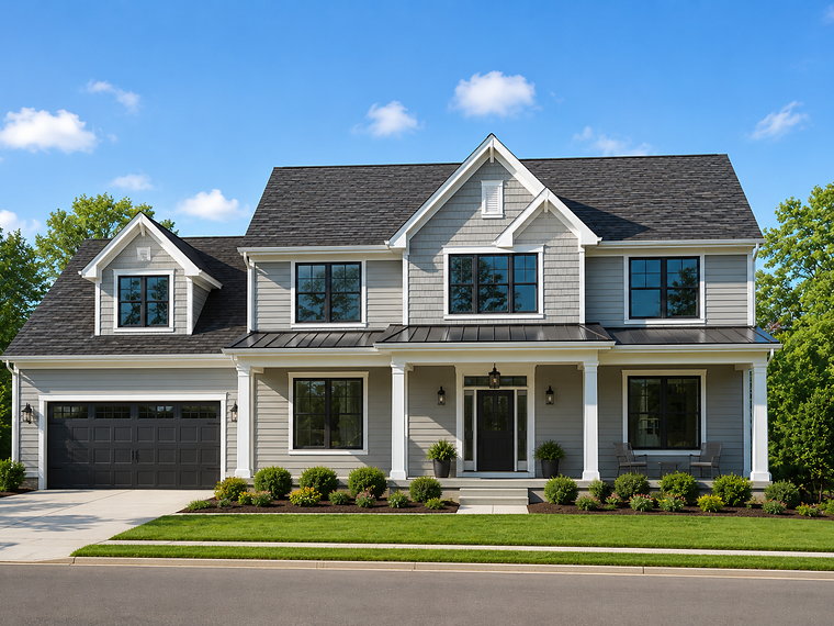 Two-storey home with new light grey siding, black-framed windows and a replaced roof