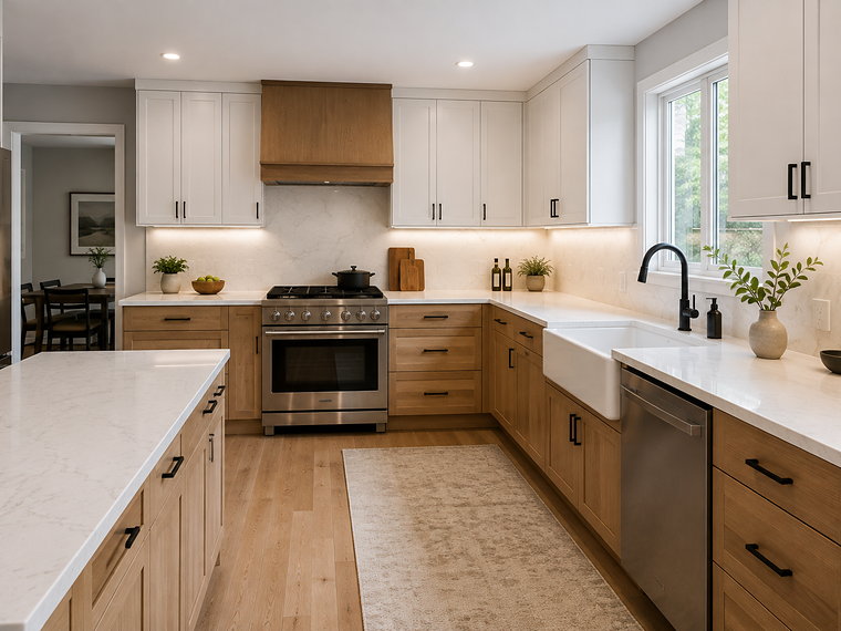 Remodelled kitchen with white uppers, wood base cabinets, quartz island and a farmhouse sink