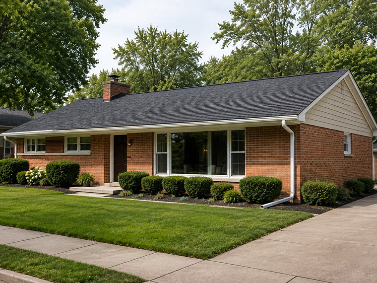 Brick ranch home with a completed roof replacement and new gutters, seen from the driveway