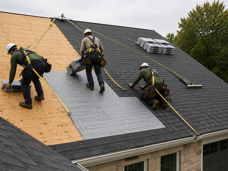 Craftwell crew in harnesses laying underlayment and carrying shingle bundles on a roof