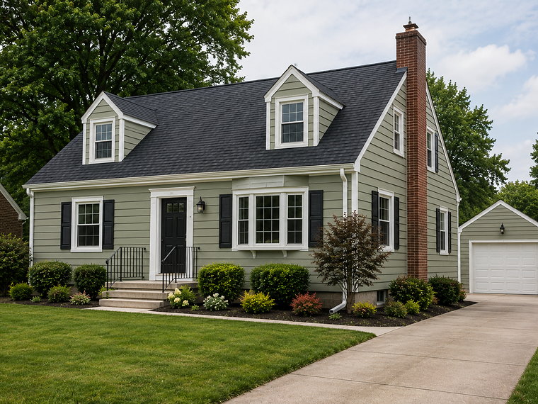 Sage green cape cod home with dormers after a full siding replacement with white trim