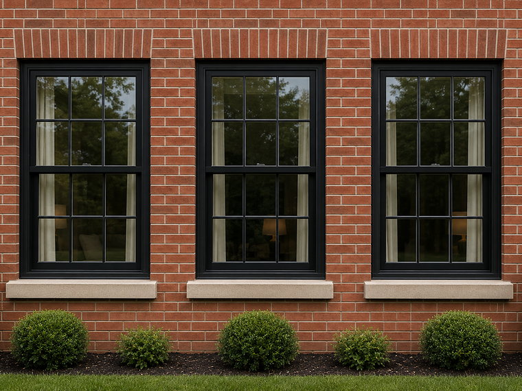 Three replacement windows with black frames set into a red brick wall above limestone sills