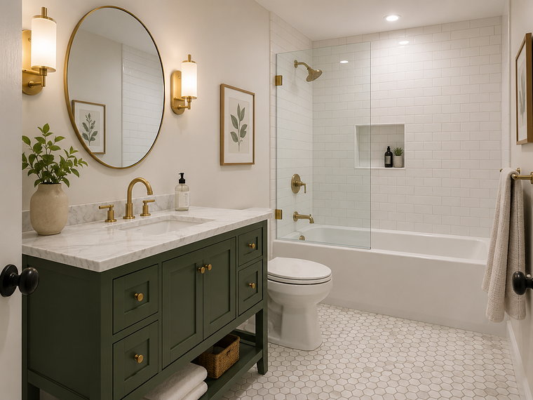 Remodelled bathroom with a deep green vanity, brass fittings, round mirror and a glass tub screen