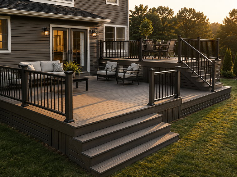Composite deck with black aluminium railing, outdoor seating and wide steps to the lawn at sunset