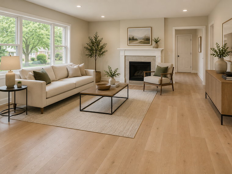 Living room with new wide-plank light oak flooring running through to the hallway