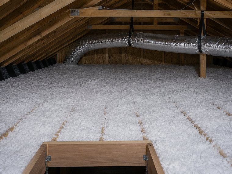 Attic filled to full depth with fresh white blown-in insulation, ductwork suspended above the joists