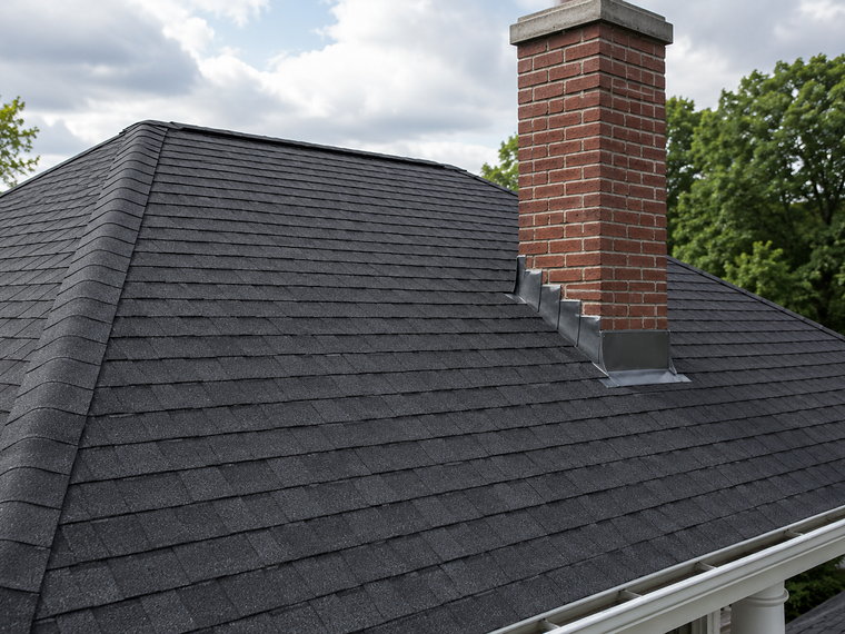 New charcoal architectural shingle roof with a brick chimney and fresh flashing, seen from above