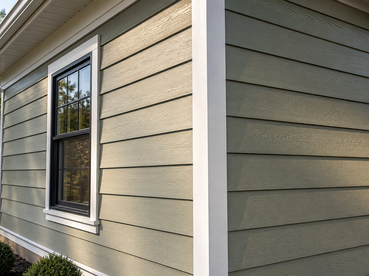 Corner of a home clad in new sage green lap siding with white corner board and a black-framed window