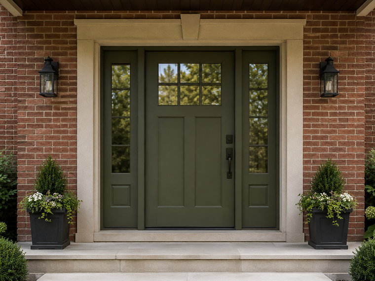 New green craftsman entry door with glazed top panel and carriage lanterns, set into a red brick facade
